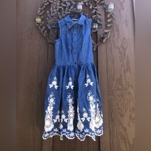 Blue chambray button up sleeveless dress with lace detail